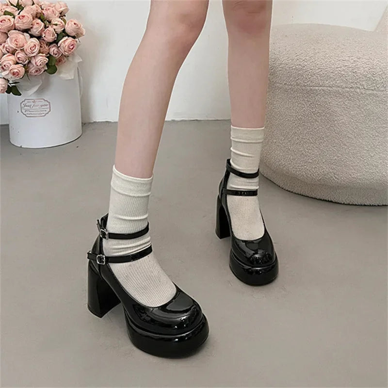 LBSFY -Mary Jane Pumps For Women Girls Fashion Brand New Chunky Heel Wedding Dress Shoes Spring New Pumps Classic Double Buckle