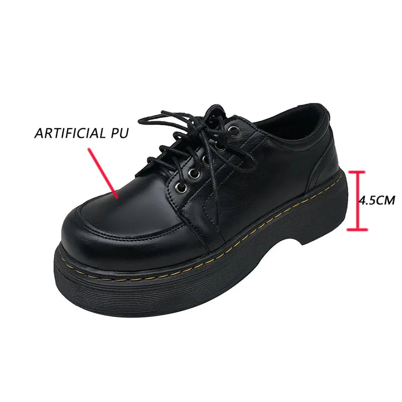 LBSFY -Mary Jane Women Pumps 2025 Spring Solid Lace-up Platform Shoes Round Toe Casual Zapatillas Mujer Black 4.5CM High Zapato De Tacón