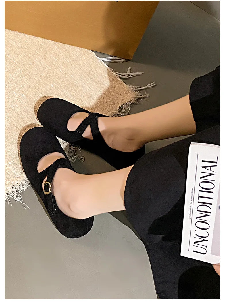 LBSFY -Retro Faux Suede Flat Internal Increase Women Dance Shoes 2025 Spring Autumn New French Casual Commuting Mary Jane Shoes Woman