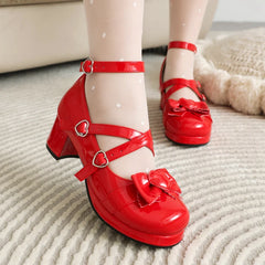 LBSFY  - Plus Size 34-48 Women Lolita Cosplay Shoes Girls Sweet Bows Heart-Shaped Buckle Platform Cross Strap Block Heel Mary Jane Pumps