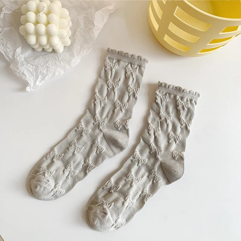 Lbsfy Socks Spring Summer Solid Color Casual Bow Lace Sweet Style Girl Cotton Middle Tube Woman Girls Gift Lolita Harajuku Socks