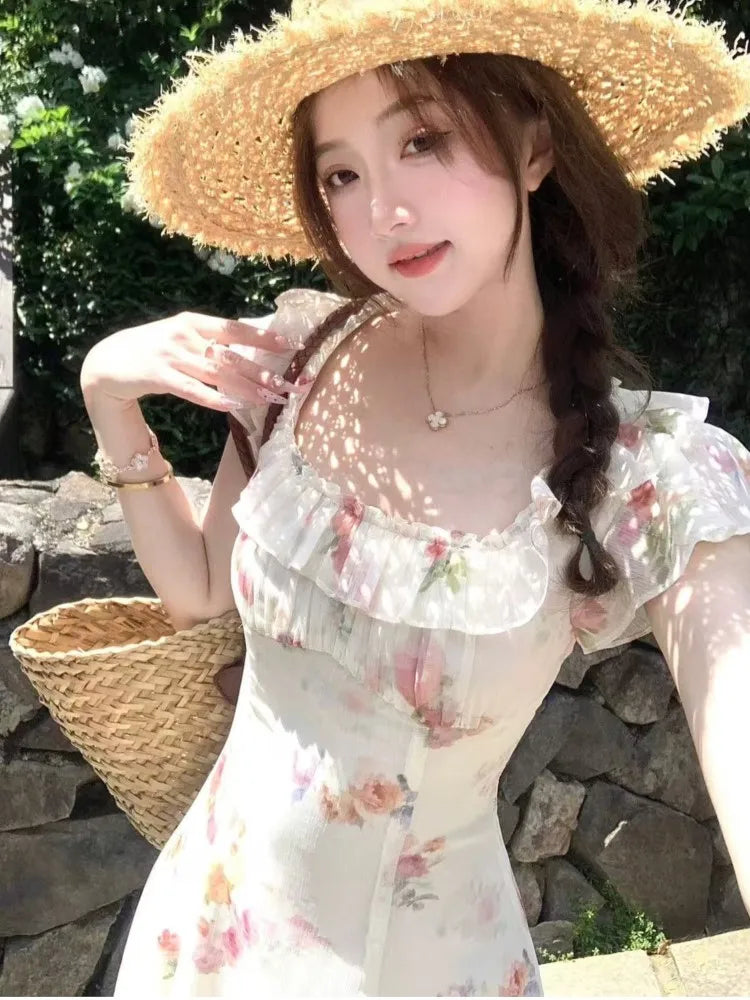 LBSFY -Fairy French Print Women's Dresses Roamntic Elegant Zipper Lace Up New Ruffles Slim Fit Folds Mejur Dress Summer Fashion Vestido