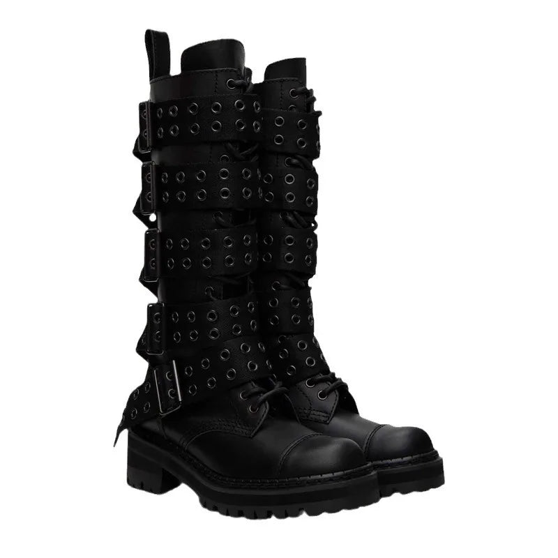 LBSFY  -  European Station Roman Style Belt Buckle Rivet Knight Boots Women's Thick Soled Motorcycle Boots Not Over The Knee Long Boots