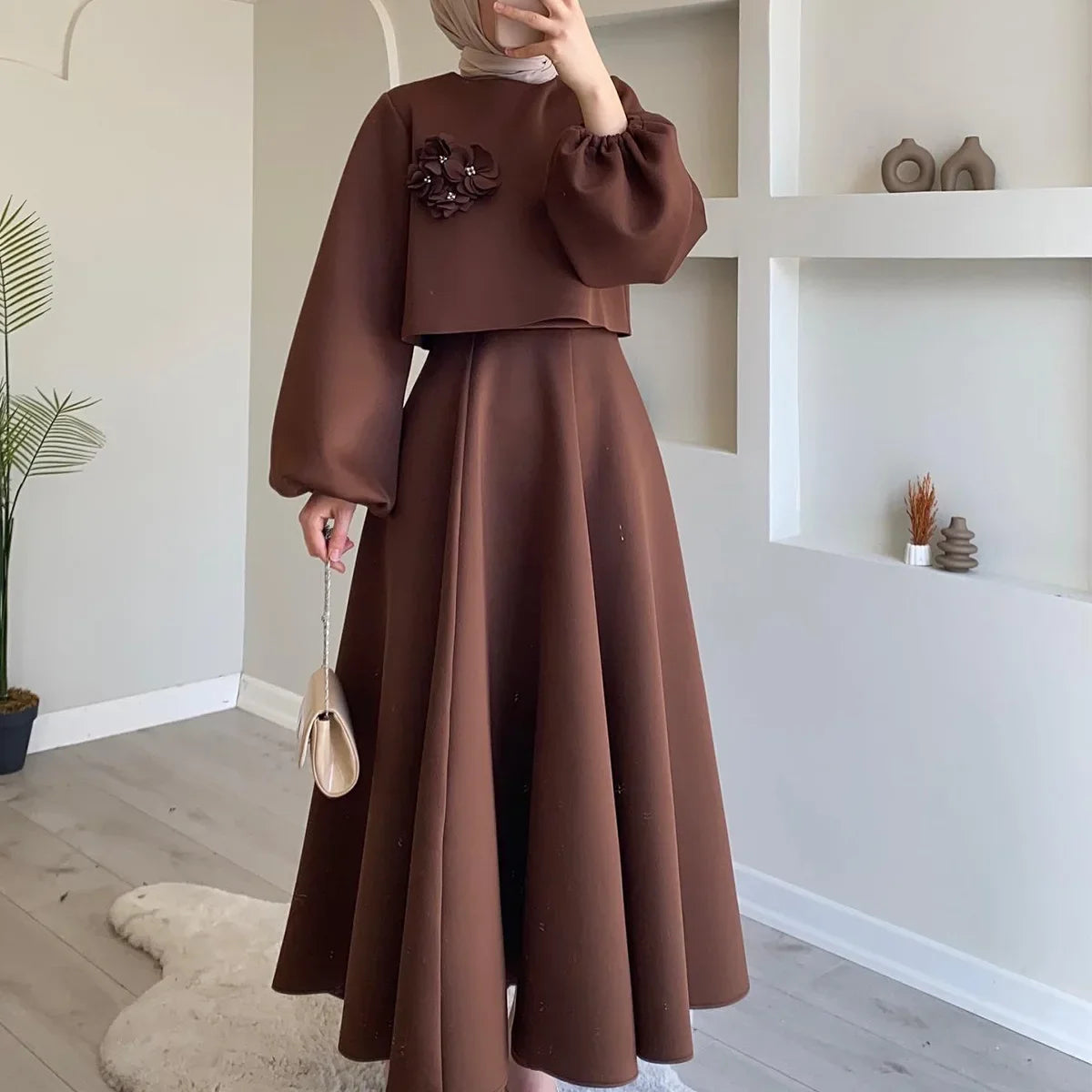 LBSFY  -  Autumn New Women's Clothing Flower Three-Dimensional Decoration Lantern Sleeve Solid Color Skirt Suit Two-Piece Set