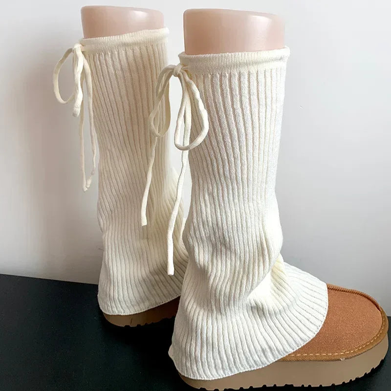 Lbsfy Sweet Ballet Strappy Wide Leg Socks Knitted Strappy Stockings Winter Warm Jk Leggings Y2K Bow Pile Socks Korea Women Calf Socks
