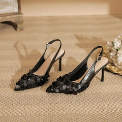 LBSFY  -  Size 34-40 Sequins Back Empty Slingbacks High Heels Women's Stiletto Heel Silver Shoes Black Thin Heels