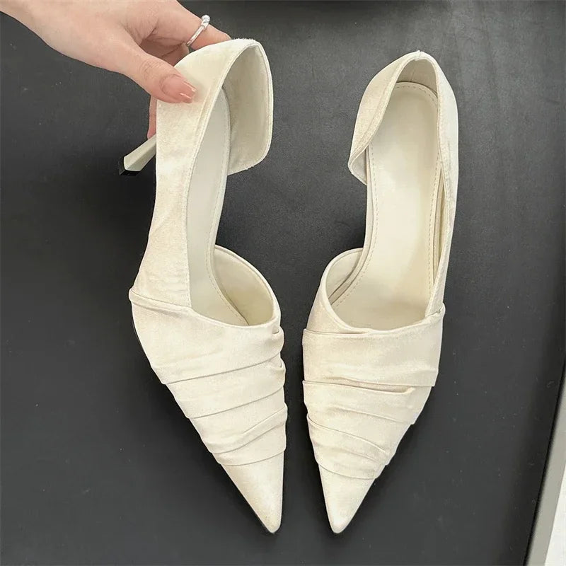 LBSFY -Design Style Pleated Shallow Pointed Toe Women Pumps Fashion Thin High Heels Party Dress Mule Female Shoes