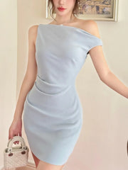 LBSFY -Elegant Solid Bodycon Evening Party Dresses Fashion Diagonal Collar Off Shoulder Prom Vestidos Summer Korean Female Clothing New