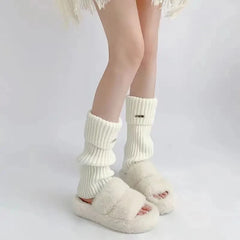 Lbsfy Leg Warmers Woman Autumn and Winter Knit Thick Warm Girls Lolita Socks Metal nameplate White Black Loose Leg Warmers