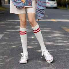 Lbsfy Sports Style Calf Socks Japanese Korean Student JK Stripe College Style Girl Cotton Socks Pile Up Socks Baseball Stockings