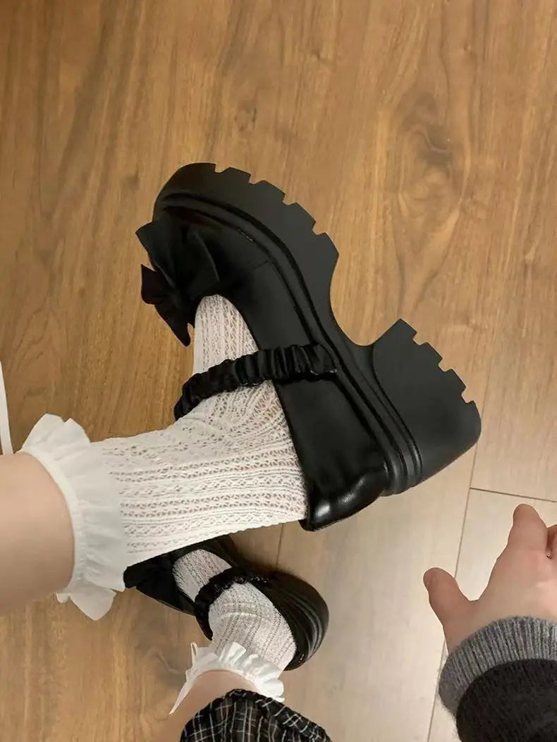 LBSFY -Japanese Style bowknot JK Thick Heel Mary Jane Women's Shoes Summer Vintage French Slip-On PU Leather Chunky Cosplay Pumps