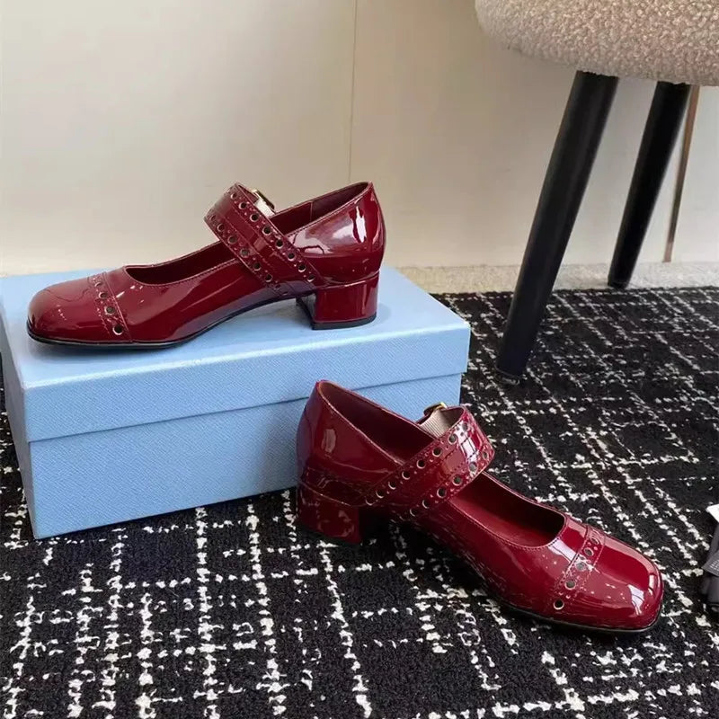 LBSFY  -   Fashion Patent Leather Hollow out Mary Janes Women Pumps Spring Summer Vintage Belt Buckle Chunky heels Girl Shoes Zapatos Mujer