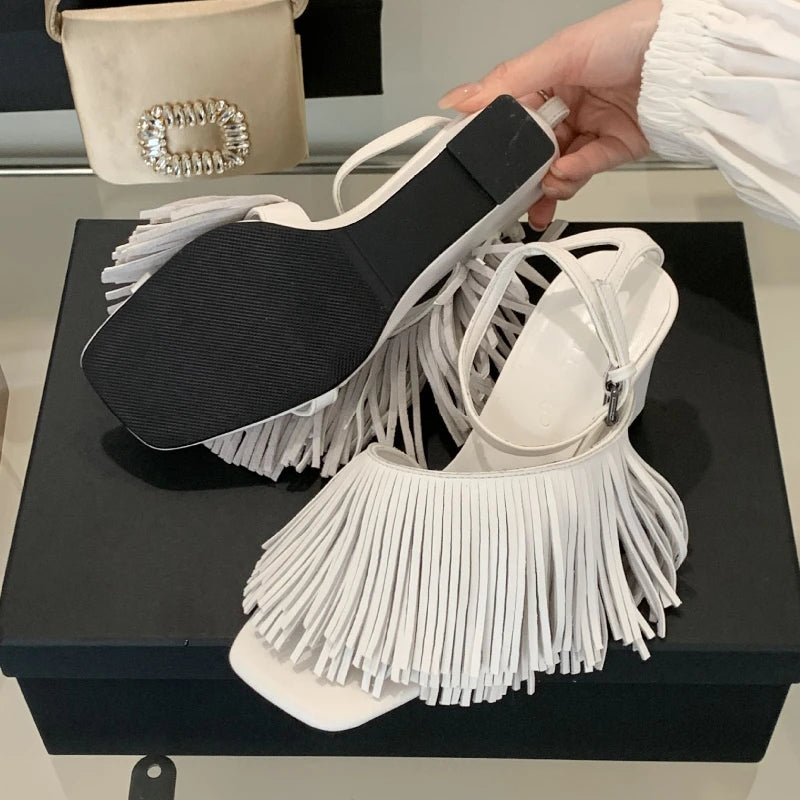 Lbsfy Tassels Designer Wedge Sandals Women Open Toe Summer New 2025 Ankle Strap High Heels Female Fashion Dress Shoes Women Pumps
