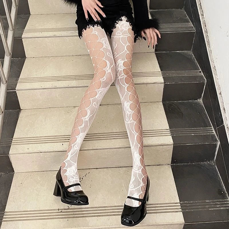 Lbsfy Fishnet Stockings Women Solid Color Black White Grid Crotchless Pantyhose Long Socks Lace Nightclub Sexy Stockings