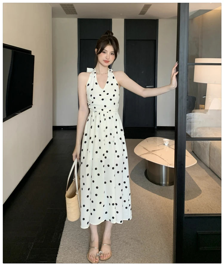 LBSFY -Dot Chic Retro Elegant French Style Polka Sling Dresses Bow Backless Slim Waist Halter-neck Split Dress Spring Summer 2025 New