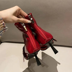 LBSFY -Design Sexy Pointed Toe Belt Buckle Women Ankle Boots Thin Heels Patent Leather Autumn Zipper Party Shoes