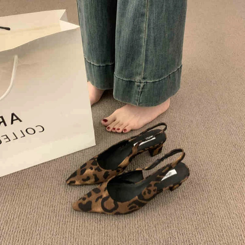 LBSFY  Summer Pointed Toe Thick Heel Women Sandals Fashion Leopard Print Ladies Stripper Party Sandalias