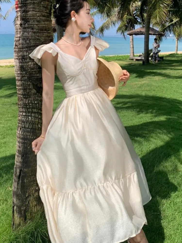 LBSFY -Women V Neck Backless Evening Party Dress Summer Beige Sweet Temper French Fairy Sundresss Fashion Clothing Vestido