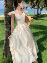 LBSFY -Women V Neck Backless Evening Party Dress Summer Beige Sweet Temper French Fairy Sundresss Fashion Clothing Vestido