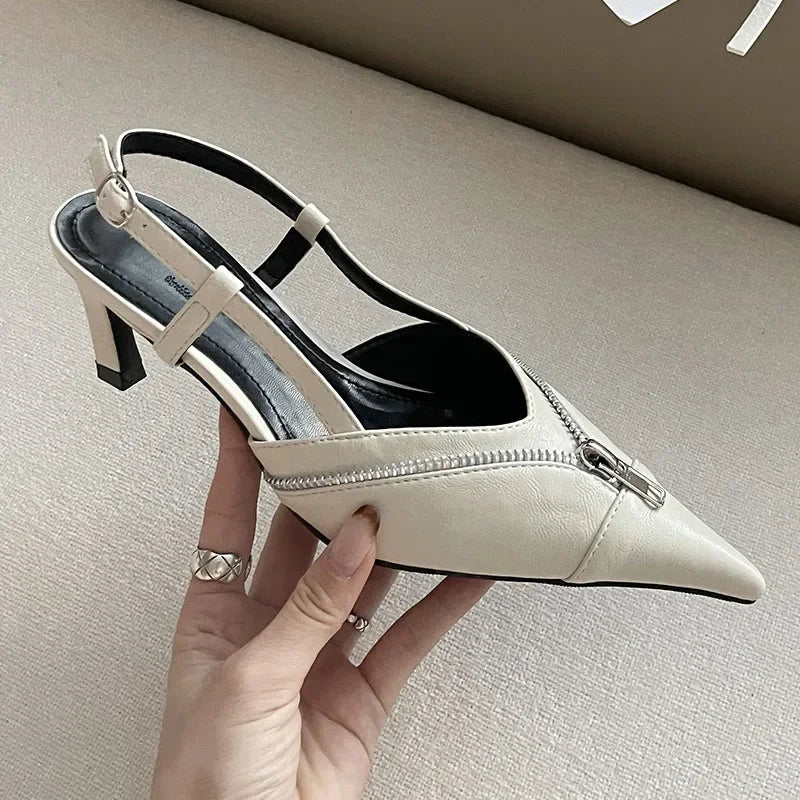 Lbsfy Pointed Toe Mules Pump Women Zip Design Slingbacks High Heels Female Footwear Fashion Summer Elegant Brand Shoes Women