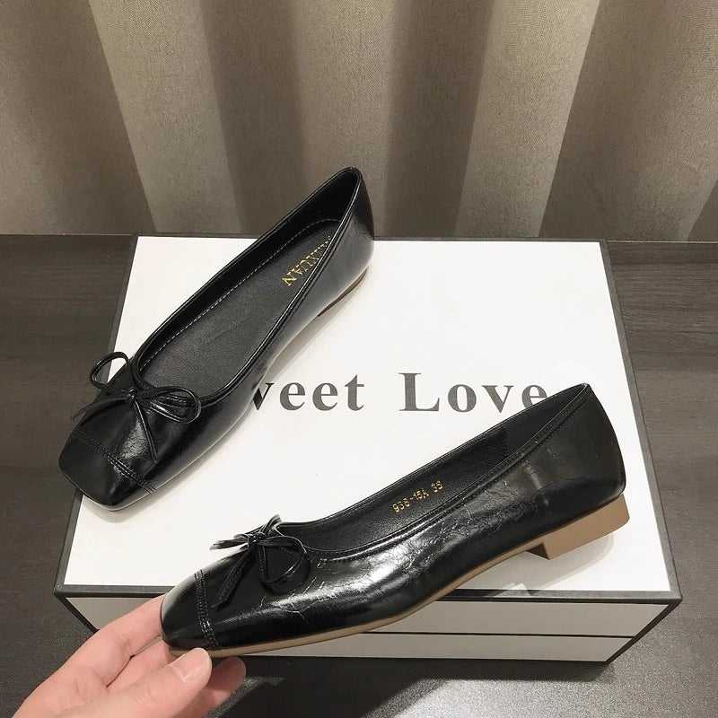 LBSFY -Bowtie Flat Shoes Women Ballerinas Square Toe Slip on Ballet Flats Lazy Loafers Moccasins Ladies Casual Comfort Shoes