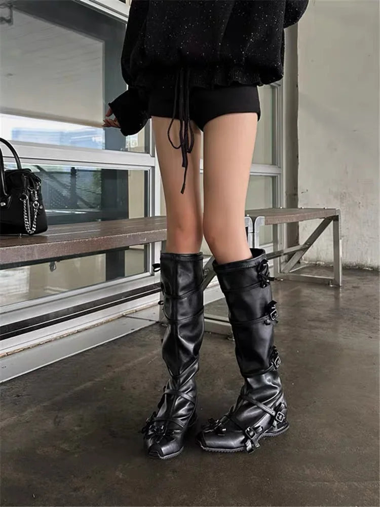 LBSFY  -  Flower Bow Tie Tied Long Boots with Thick Sole for Slimming Effect, Tall Tube Boots, Street Motorcycle Style Boots