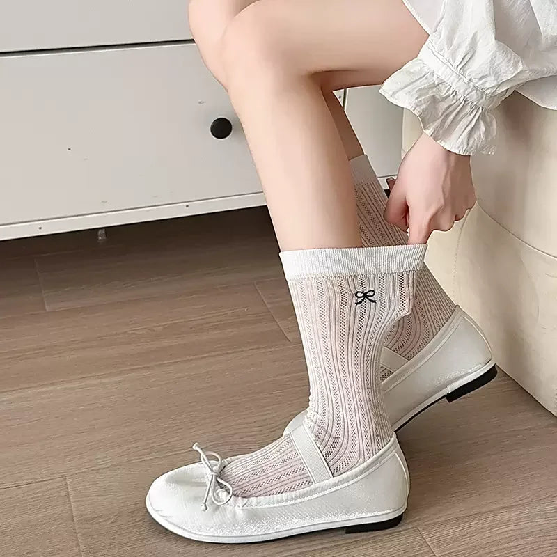 Lbsfy Lolita Sweet Lace Pink Bow Long Socks Women Girls Summer Hollow Out Sock Casual Crew Loose Sox Mid-tube Stockings Streetwears