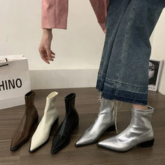 LBSFY  -  2024 New Spring Autumn French Fashion Thick Heel Short Boots Women's Shoes  Single Boots Pointy Head Temperament Women's Boots