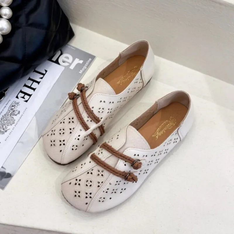 LBSFY  -  Summer Ballet Flat Shoes Woman Retro Ethnic Style shoes For Women Splicing Hollow Leather Comfort Shoes Zapatillas Mujer