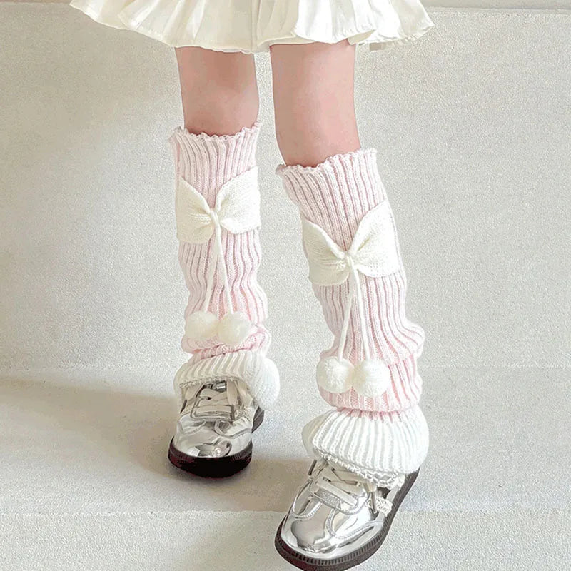 Lbsfy New Children Sweet Bowknot Leg Warmers Lolitas Knitted Socks for Girls Warm Foot Cover Cute Ballet Guards Socks Long Stockings