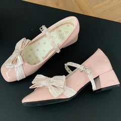 Lbsfy Butterfly-knot Sweet Mary Jane Shoes Women Elegant Chunky Dress Shoes Shallow Designer Pumps Buckle Square Toe High Heels Ladies