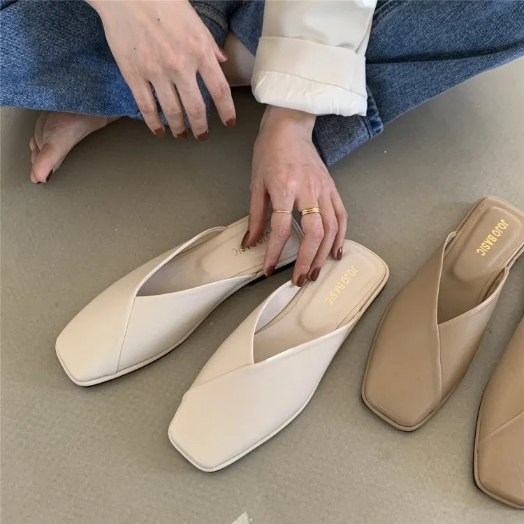 LBSFY -Flat Half Drag Slippers Square Toe Sandals 2025 Spring/Summer Outside Wear Casual Soft Bottom Mules Low Heel Sapatos Femininos