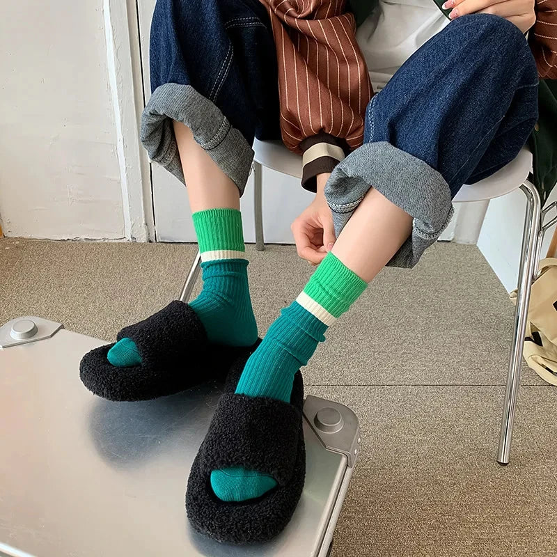 Lbsfy Fashionable and versatile Contrast colored socks women's high top pile up socks Korean version of spring/summer cotton socks
