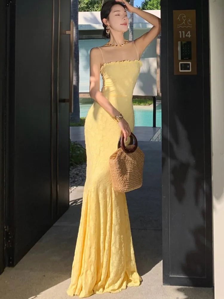 LBSFY -Women's Sexy Elegant Bodycon Party Dress Summer Yellow Lace-up Evening Spaghetti Strap Dresses 2025 New Chic Beach Holiday Robe
