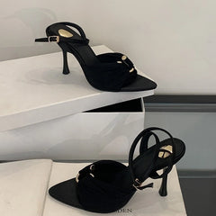 LBSFY -Summer Pointed Toe Thin High Heels Fashion Pleated Metal Buckle Strap Women Sandals Banquet Party Female Mules Shoes
