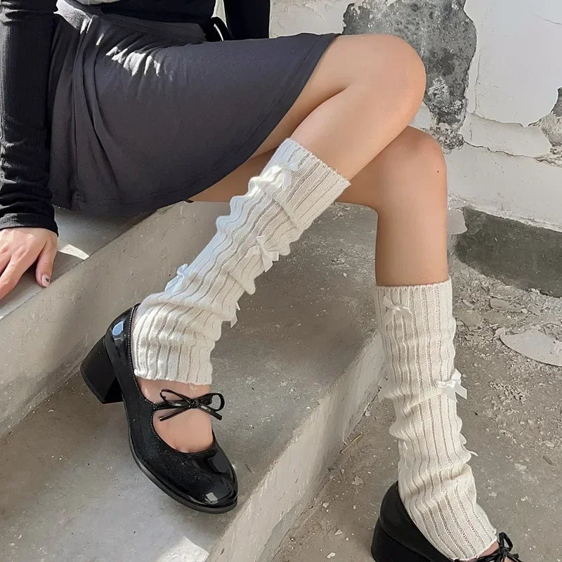 Lbsfy New Japanese Bow JK Knitted Leg Socks Wool Pile Socks Leg Warmer Y2k Punk Harajuku Leg Cover Pile  Korean Leg Socks