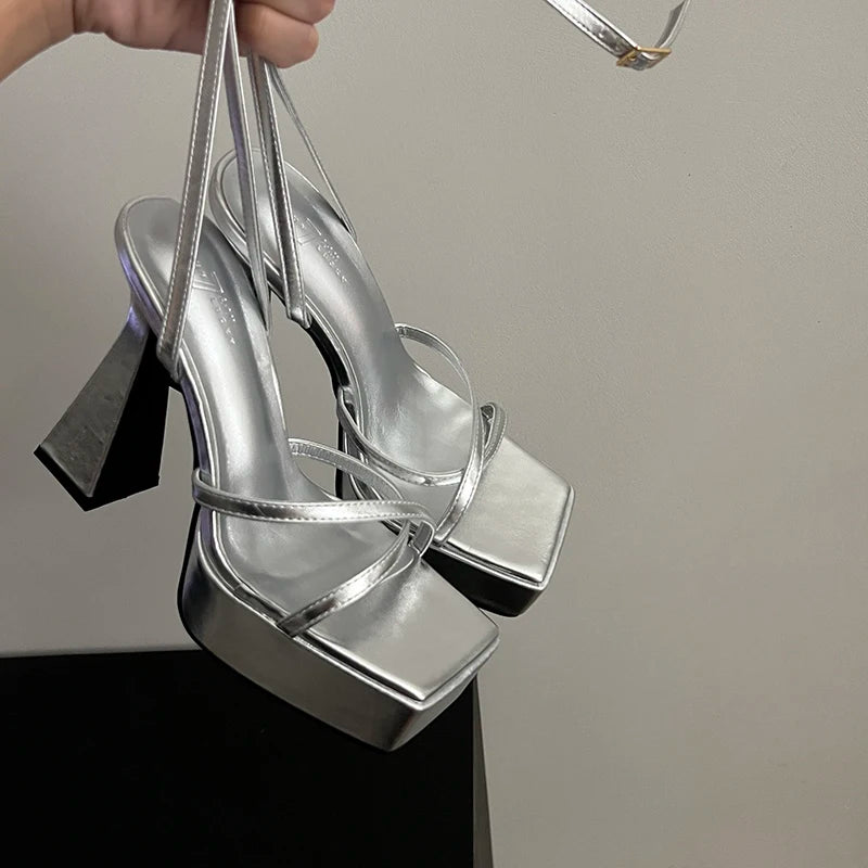LBSFY  Narrow Band Platform Women Sandals Shoes Fashion Open Toe Summer High Heel Party Dress Ladies Sandalias Shoes