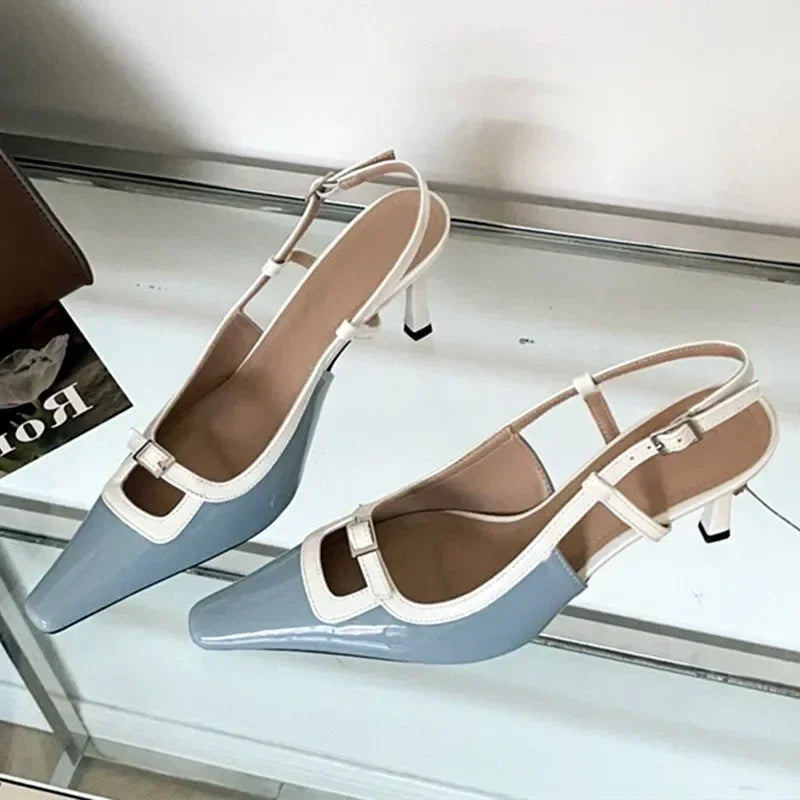 Lbsfy New Pointed Toe Mules Pumps Women Summer Square Toe Slingback High Heels Women Buckle Elegant Designer Dress Sandals Female