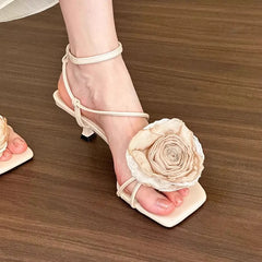 LBSFY  -  2024 Colorful 3D Flower Short Heel Sandals Square Headed Open Toe Party Fashion French Sandals Detachable Rose Woman Shoes 35-39