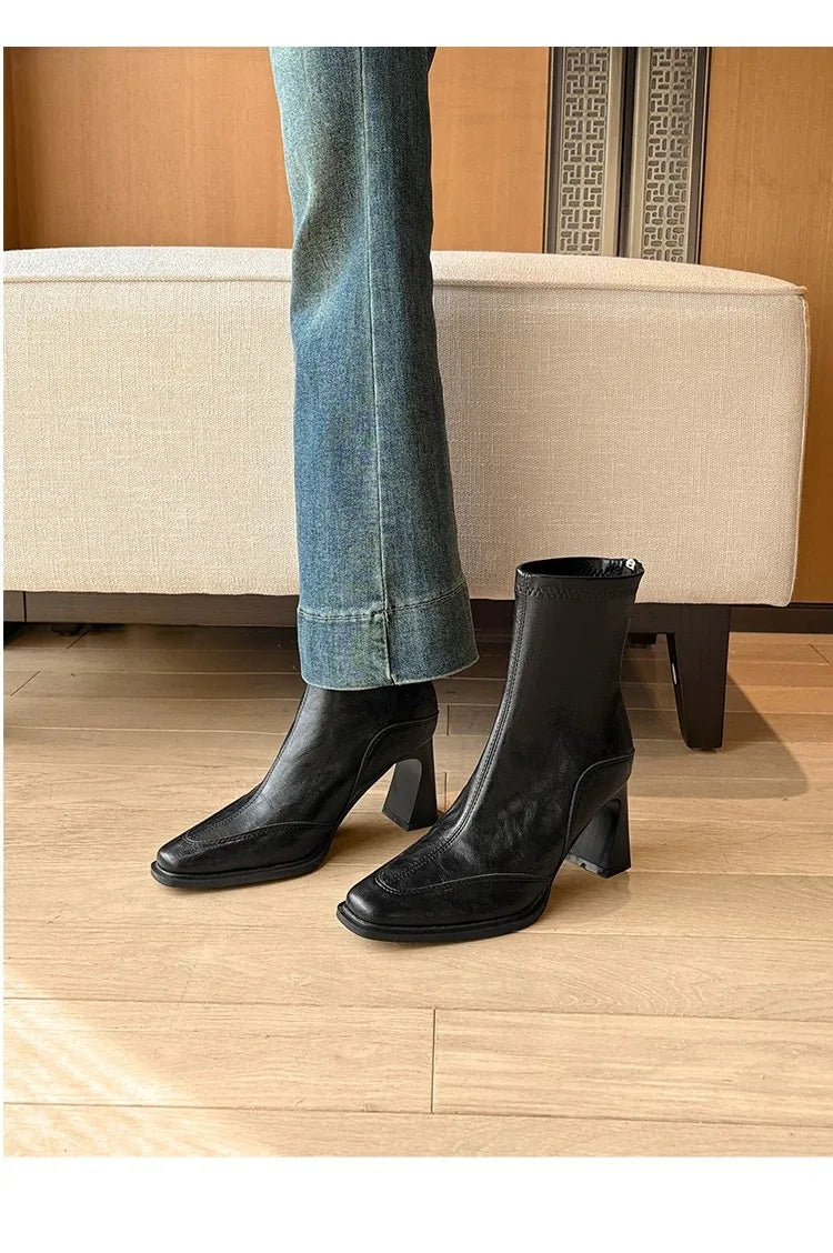 LBSFY -2025 Vintage High Heel Women Ankle Boots Fashion Square Toe Short Booties Autumn Winter Ladies Shoes Botas Mujer