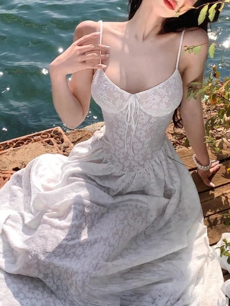 LBSFY -French Elegant Vintage Print Fashion Long Dress Sexy V-Neck Slim Waist Sleeveless Spaghetti Strap Women's Dresses Spring Summer