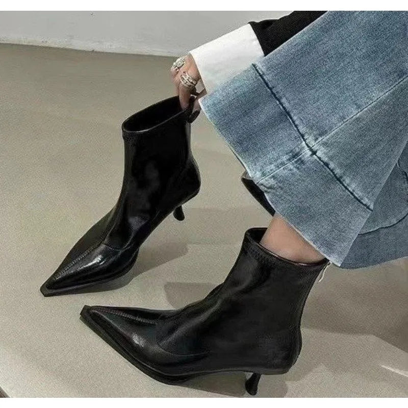 LBSFY -Women's Sexy Pointed Toe Ankle Boots Vintage Autumn New Fashion High Heels Patent Leather Skinny Boots Women Brown Short Booties