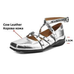 LBSFY  -  Shallow Rivet Low Heel Pumps Buckles Strap Decoration Punk Genuine Leather Women Pumps Fashion Party 2025 Spring Pumps