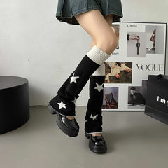 Lbsfy Y2k Star Pattern Knitted Leg Warmers Gothic Loose Leg Cover Sock Girls Winter Casual Leg Protector Stocking JK Thigh High Socks
