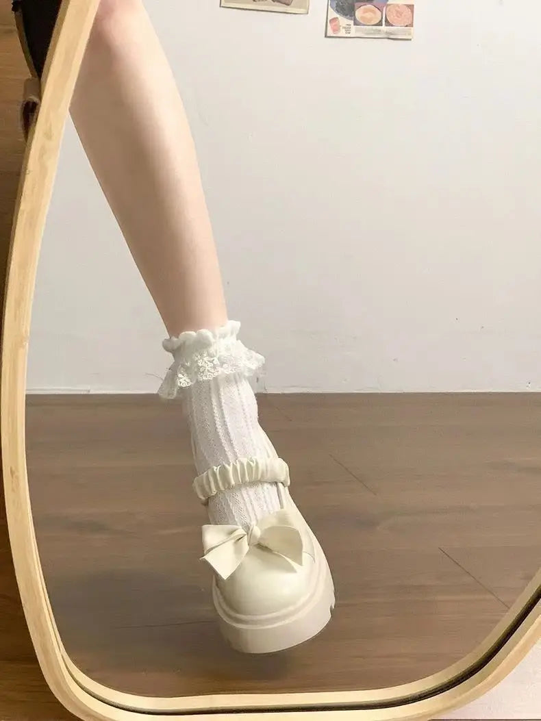 LBSFY -Japanese Style bowknot JK Thick Heel Mary Jane Women's Shoes Summer Vintage French Slip-On PU Leather Chunky Cosplay Pumps