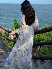 LBSFY -French Chiffon Print Dresses For Woman Summer V-Neck Slim Waist Elegant Long Dress Fashion Split Holiday Basics 2025 New Vestido