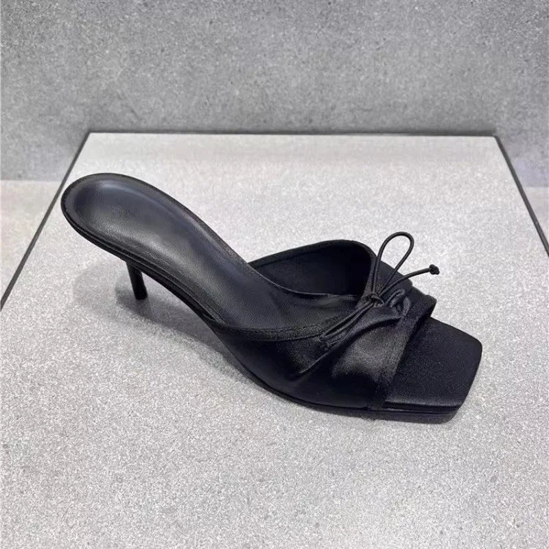 LBSFY -Summer 2025 New Comfortable Low Heel Square Head Sandals Sweet Bow Silk Thick Heel Slippers for Ladies Outwear Blue Slides