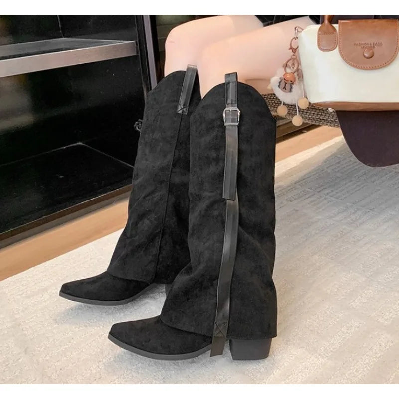 LBSFY -New Style Fashion Winter Street Style Pointed Toe Knee-High Boots Women Low Heels Shoes Female Long Booties Zapatos De Mujer