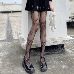 Lbsfy Lolita Girls Cute Pentacle Print Tights Women Sexy Gothic Punk Magical Five-Pointed Star Mesh Fish Net Pantyhose Body Stockings