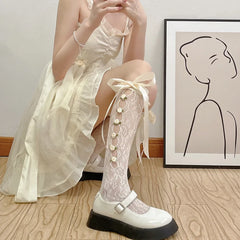 Lbsfy Cute Gothic Style Ruffles Hollow Bow JK Lolita Stockings Women Sexy Lace Mesh White Black Fishnet Knee High Long Socks Lingerie